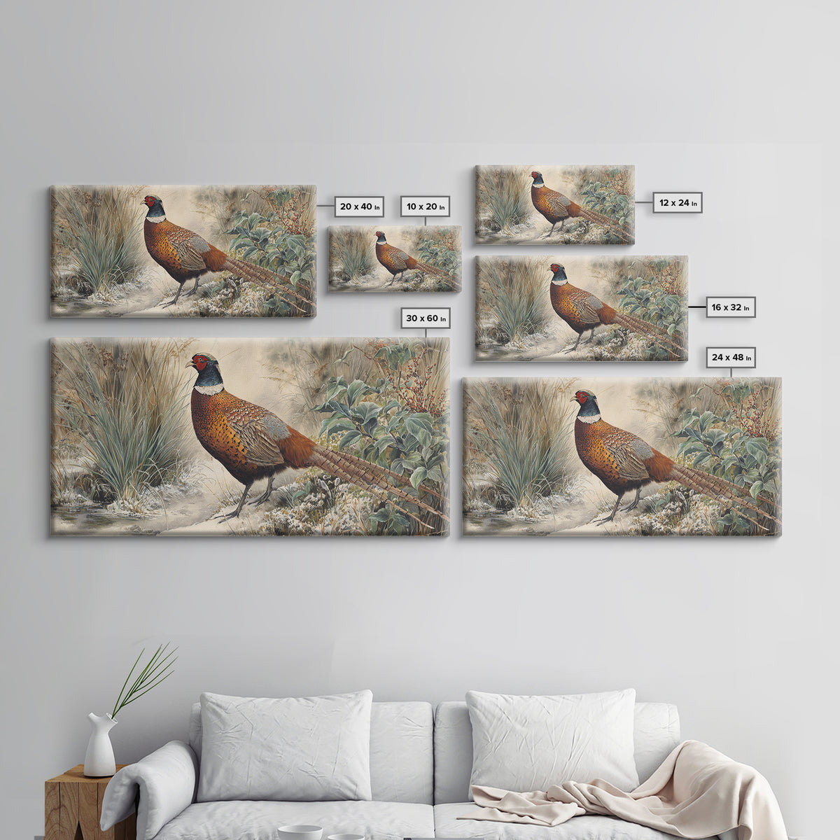Pheasant with Ornate Feather Details Canvas Print, Bird Art, Living Room Decor, Fine Art, Flight, Rustic Home Decor, Floral Art, BIR-2x1-63