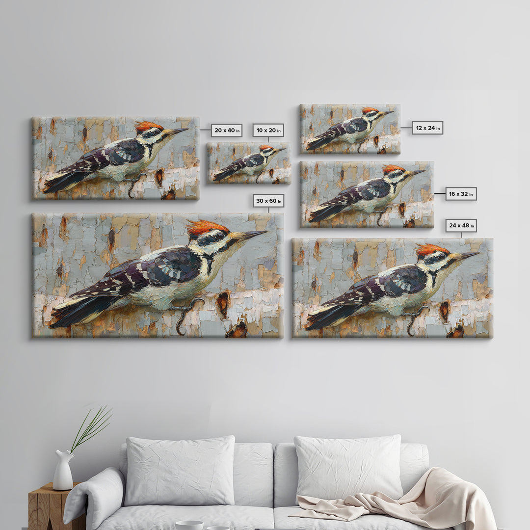 Woodpecker on Birch Bark Texture Framed Canvas Print, Bird Art, Mid Century Modern, Living Room Decor, Abstract Art, Flight, BIR-2x1-65
