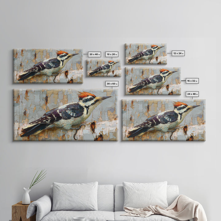 Woodpecker on Birch Bark Texture Framed Canvas Print, Bird Art, Mid Century Modern, Living Room Decor, Abstract Art, Flight, BIR-2x1-65