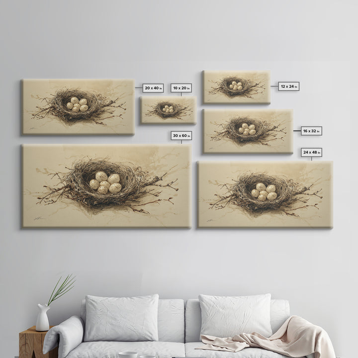 Bird Nest with Eggs and Delicate Twigs Canvas Print, Bird Art, Textured Painting, Living Room Decor, Watercolor Art, Flight, BIR-2x1-66