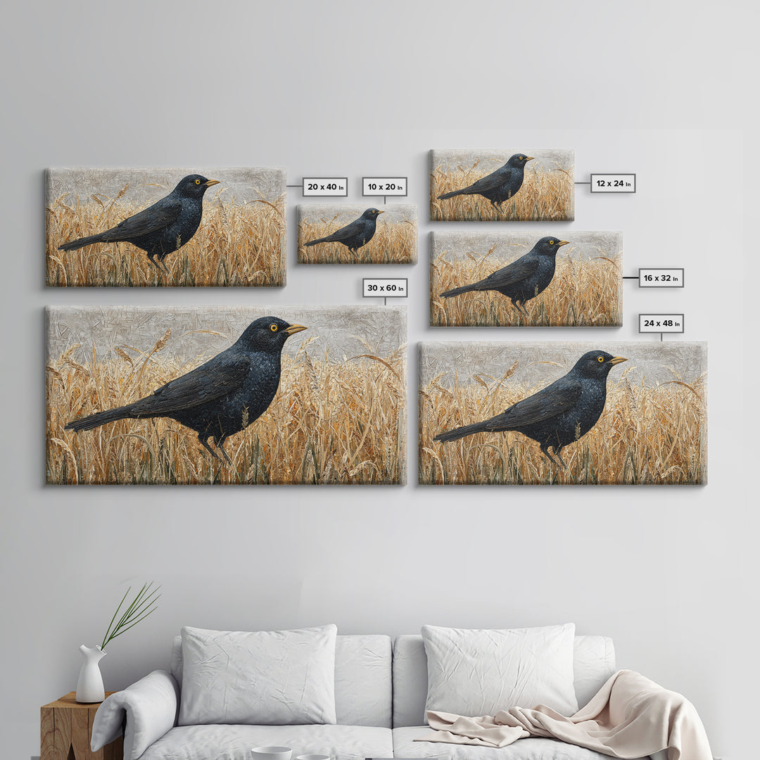 Blackbird on Gold Wheat Field Canvas Print, Bird Art, Digital Print, Living Room Decor, Watercolor Art, Flight, Bird Prints, BIR-2x1-68