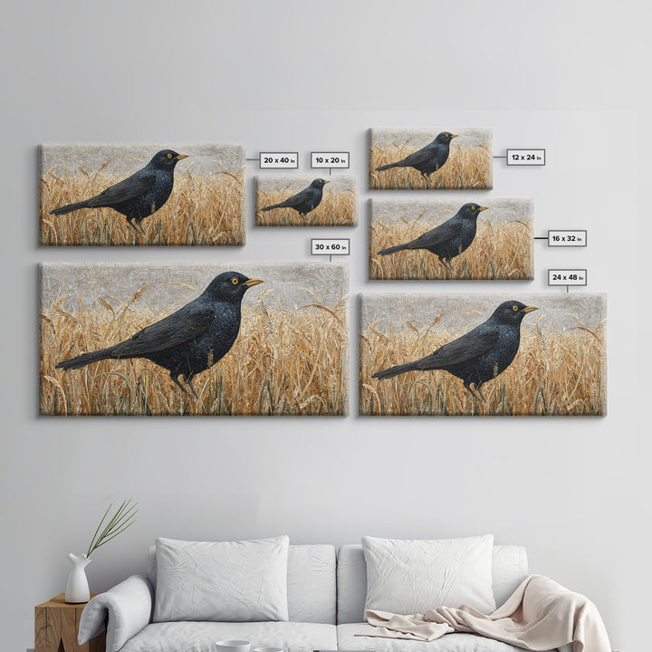 Blackbird on Gold Wheat Field Canvas Print, Bird Art, Digital Print, Living Room Decor, Watercolor Art, Flight, Bird Prints, BIR-2x1-68