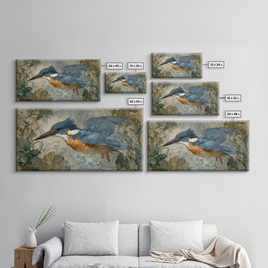 Kingfisher Diving Toward Blue Water Framed Canvas Print, Bird Art, Wall Decor, Living Room Decor, Flight, Boho Wall Decor, BIR-2x1-7
