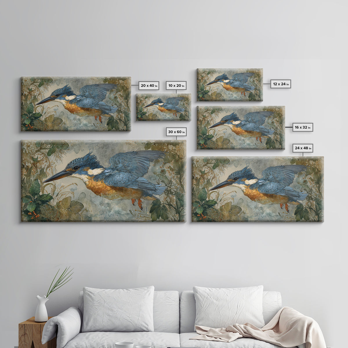Kingfisher Diving Toward Blue Water Framed Canvas Print, Bird Art, Wall Decor, Living Room Decor, Flight, Boho Wall Decor, BIR-2x1-7