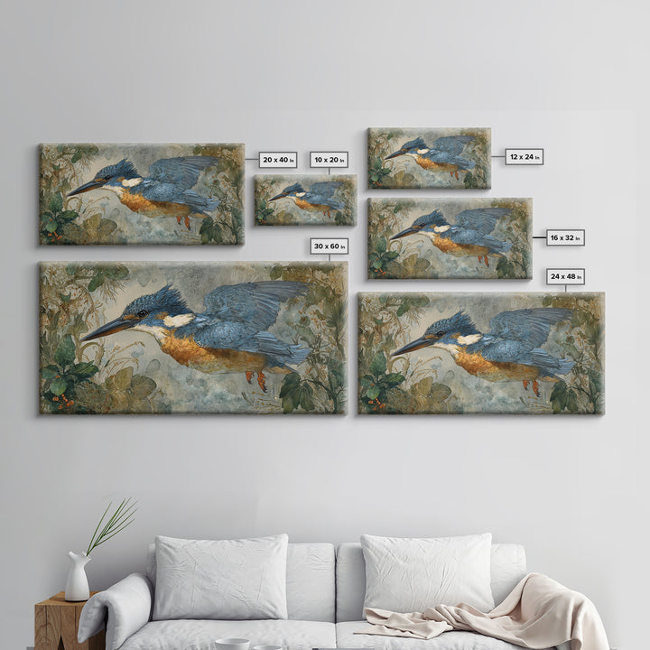 Kingfisher Diving Toward Blue Water Framed Canvas Print, Bird Art, Wall Decor, Living Room Decor, Flight, Boho Wall Decor, BIR-2x1-7