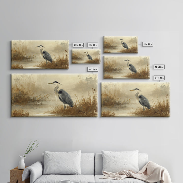 Blue Heron in Misty Marsh Grass Canvas Print, Bird Art, Digital Prints, Living Room Decor, Fine Art, Flight, Modern Art, BIR-2x1-70