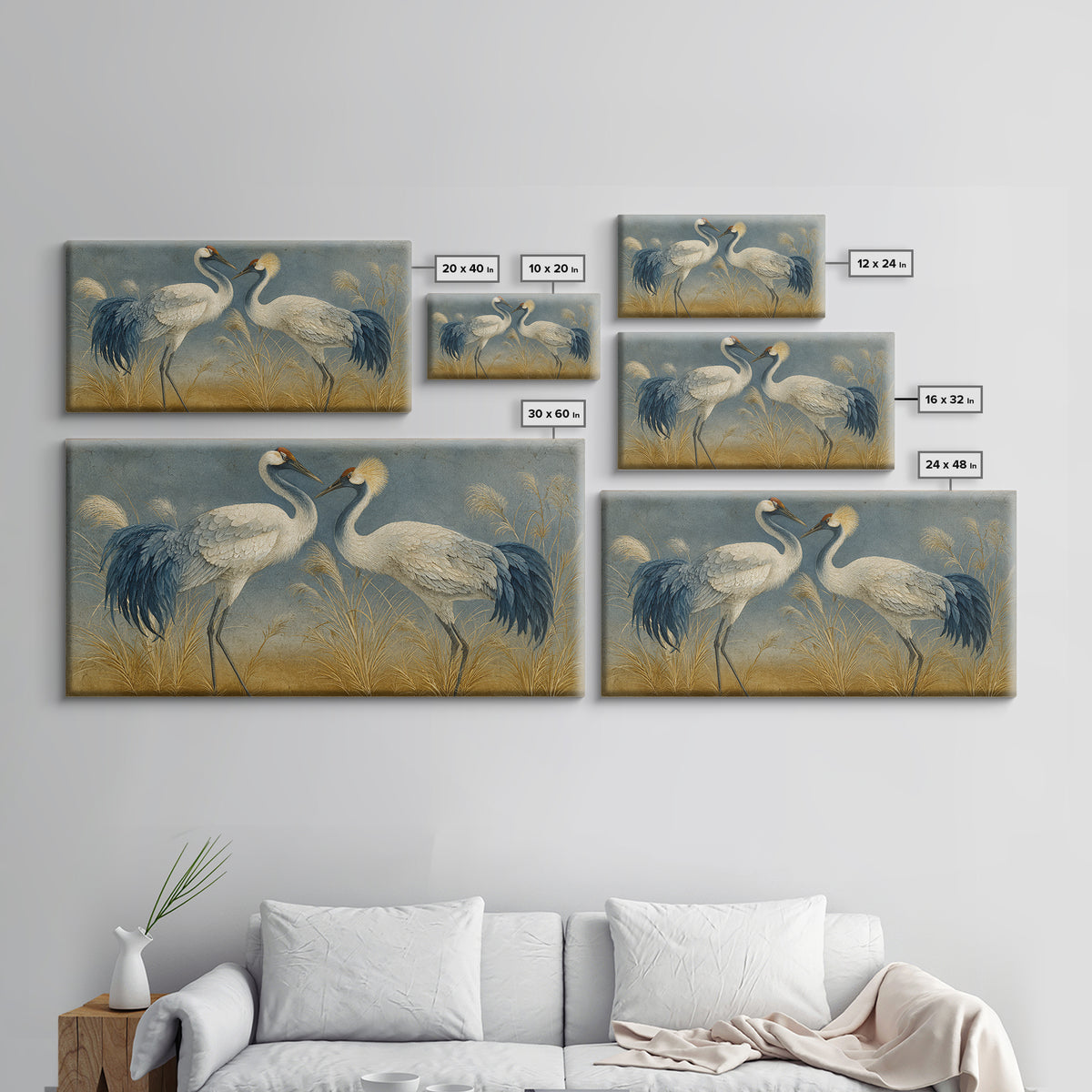 Pair of Cranes Dancing Canvas Print, Bird Art, Nature Prints, Living Room Decor, Abstract Art, Flight, Boho Decor, BIR-2x1-71