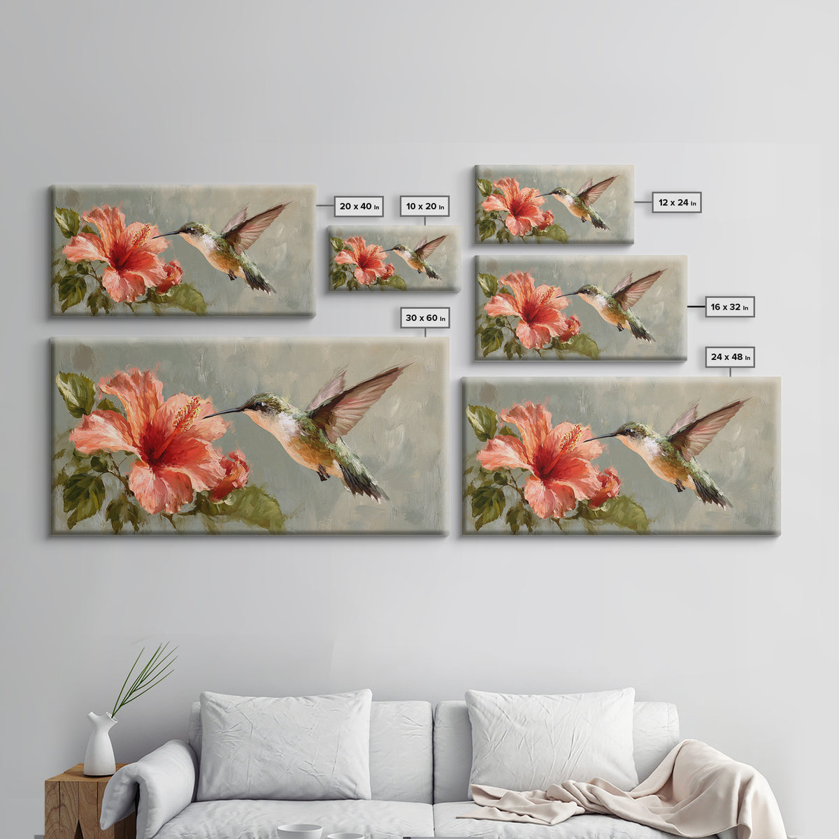 Hummingbird Hovering Beside Bright Hibiscus Framed Canvas Print, Bird Art, Printable Art, Living Room Decor, Fine Art, Flight, BIR-2x1-72