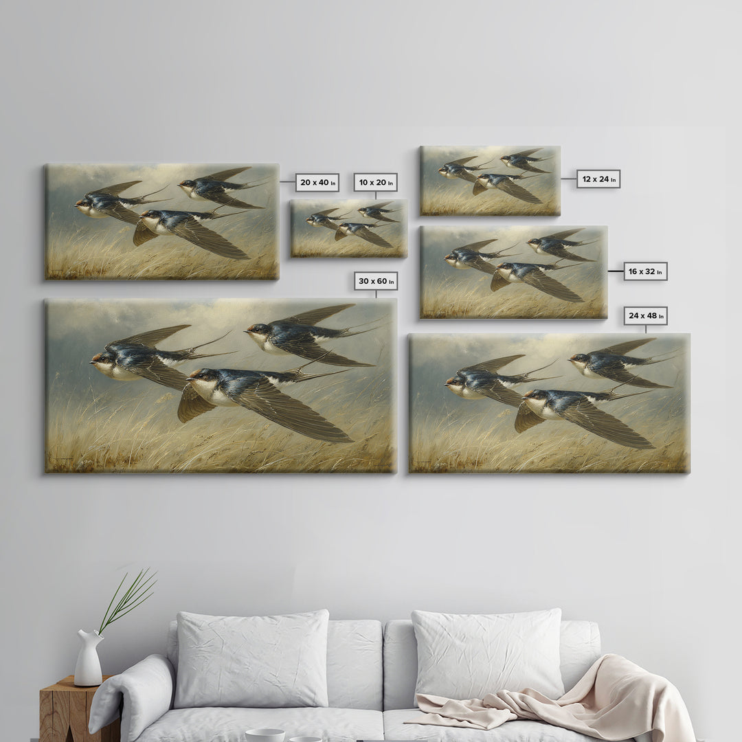 Flock of Swallows Sweeping Across Open Sky Canvas Print, Bird Art, Living Room Decor, Watercolor Art, Flight, BIR-2x1-74