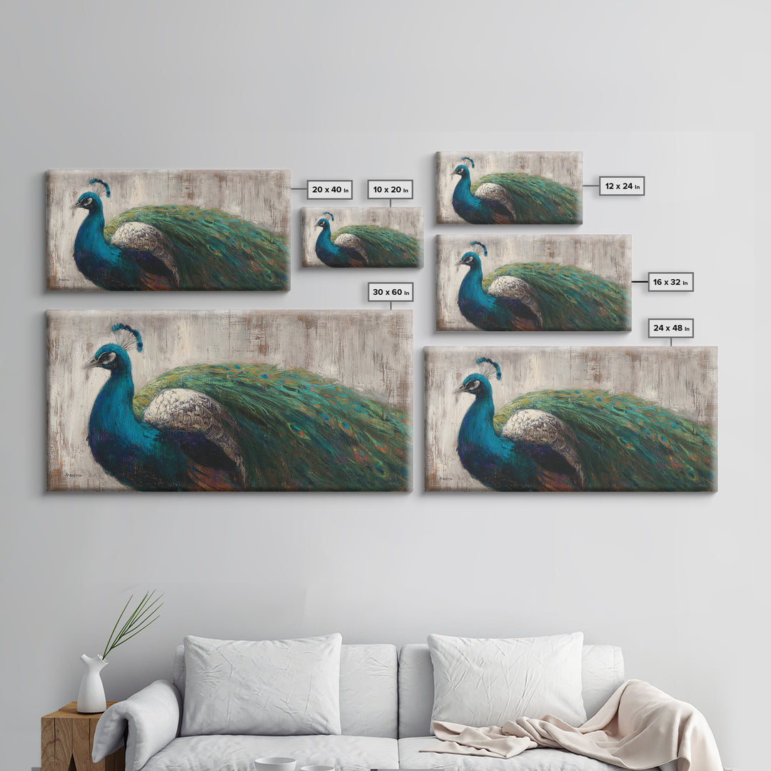 Peacock with Jewel Tone Feather Pattern Framed Canvas Print, Bird Art, Boho Decor, Living Room Decor, Fine Art, Flight, BIR-2x1-75