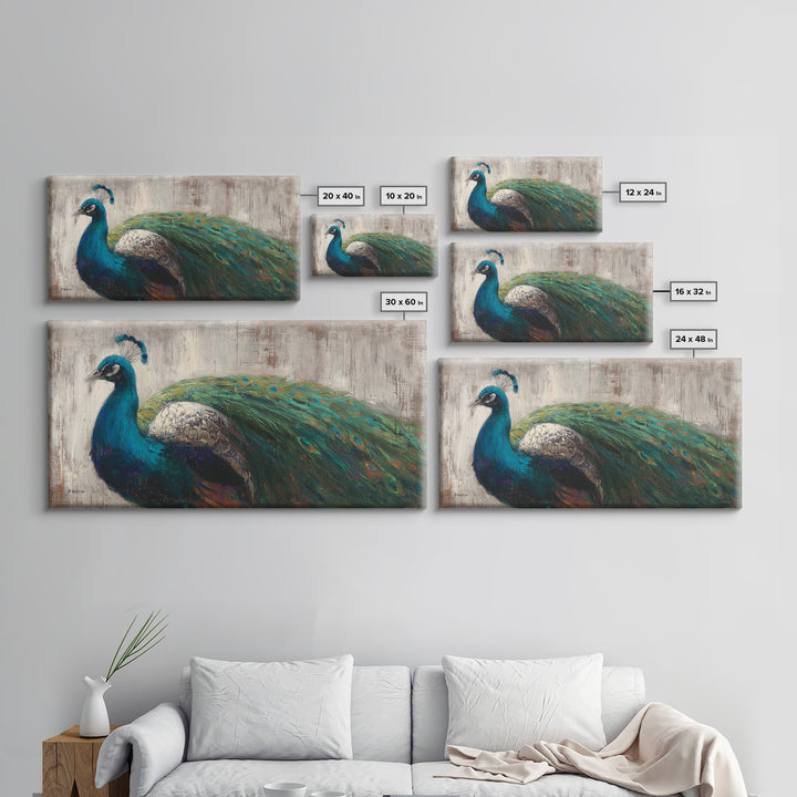 Peacock with Jewel Tone Feather Pattern Framed Canvas Print, Bird Art, Boho Decor, Living Room Decor, Fine Art, Flight, BIR-2x1-75