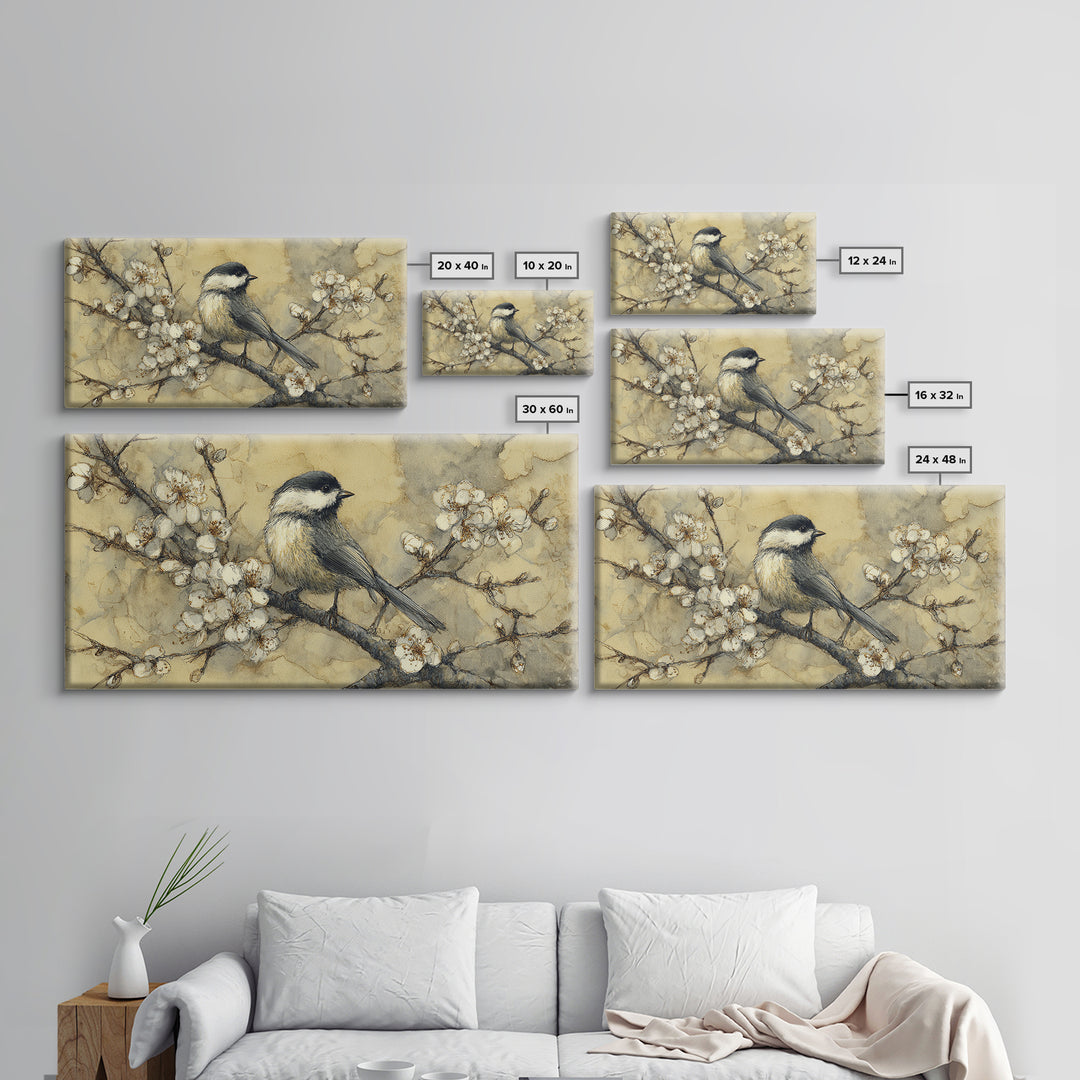 Songbird Perched on Cherry Blossoms Canvas Print, Bird Art, Living Room Decor, Fine Art, Flight, Rustic Home Decor, Floral Art, BIR-2x1-76