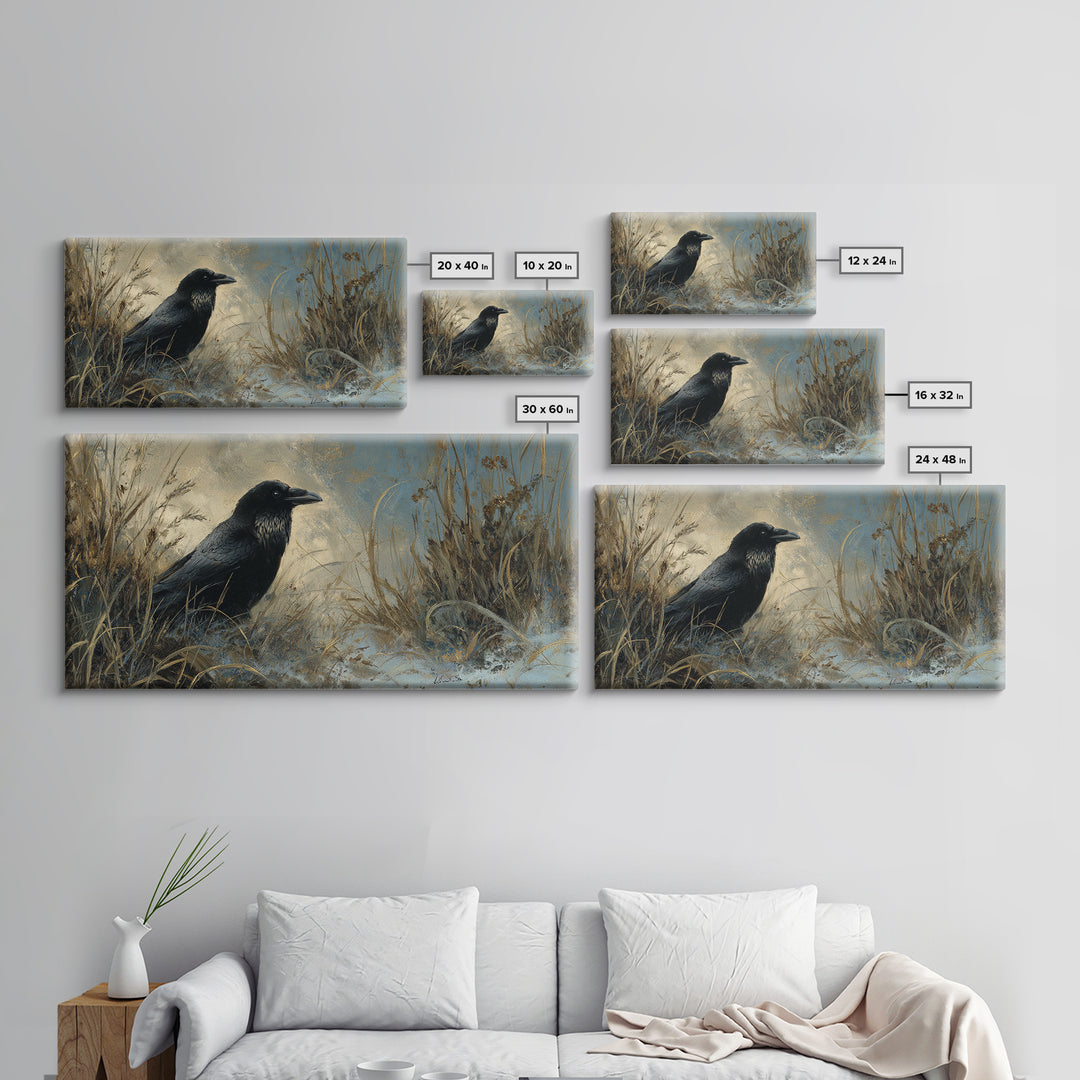 Raven Silhouette with Gothic Atmosphere Canvas Print, Bird Art, Digital Print, Living Room Decor, Oil Painting, Flight, BIR-2x1-77