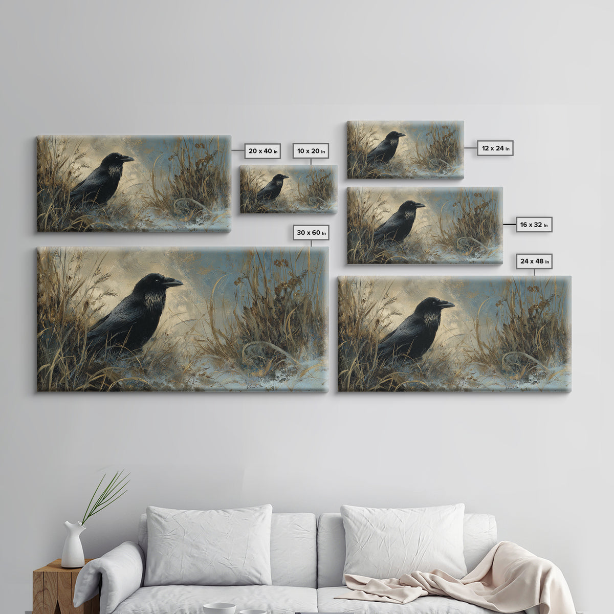 Raven Silhouette with Gothic Atmosphere Canvas Print, Bird Art, Digital Print, Living Room Decor, Oil Painting, Flight, BIR-2x1-77
