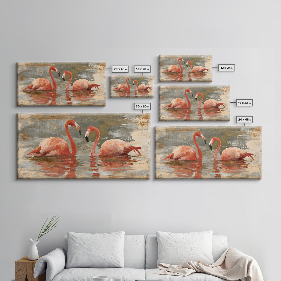Flamingo Pair in Coral Water Reflections Canvas Print, Bird Art, Contemporary Art, Living Room Decor, Fine Art, Flight, BIR-2x1-78