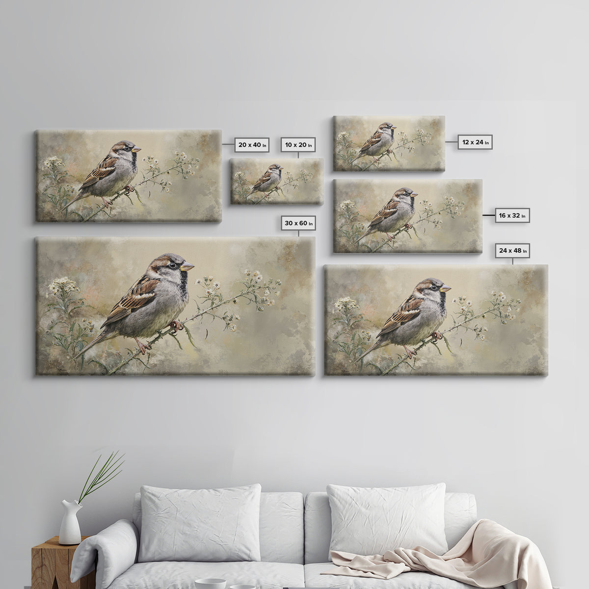 Small Sparrow on Wildflower Stem Canvas Print, Bird Art, Wall Art, Living Room Decor, Watercolor Art, Flight, Japanese Wall Art, BIR-2x1-82