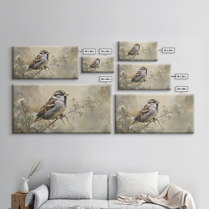 Small Sparrow on Wildflower Stem Canvas Print, Bird Art, Wall Art, Living Room Decor, Watercolor Art, Flight, Japanese Wall Art, BIR-2x1-82