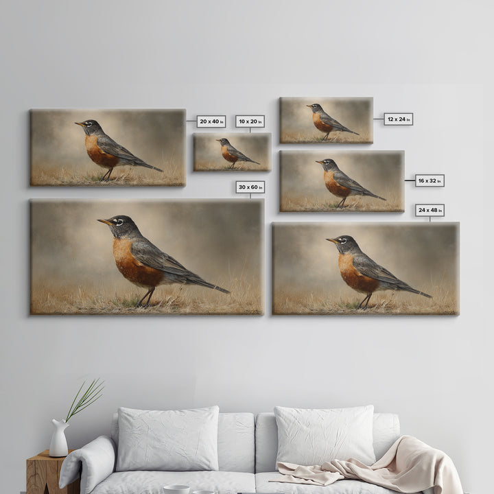 Robin in a Spring Garden with Soft Framed Canvas Print, Bird Art, Contemporary Art, Living Room Decor, Oil Painting, Flight, BIR-2x1-83