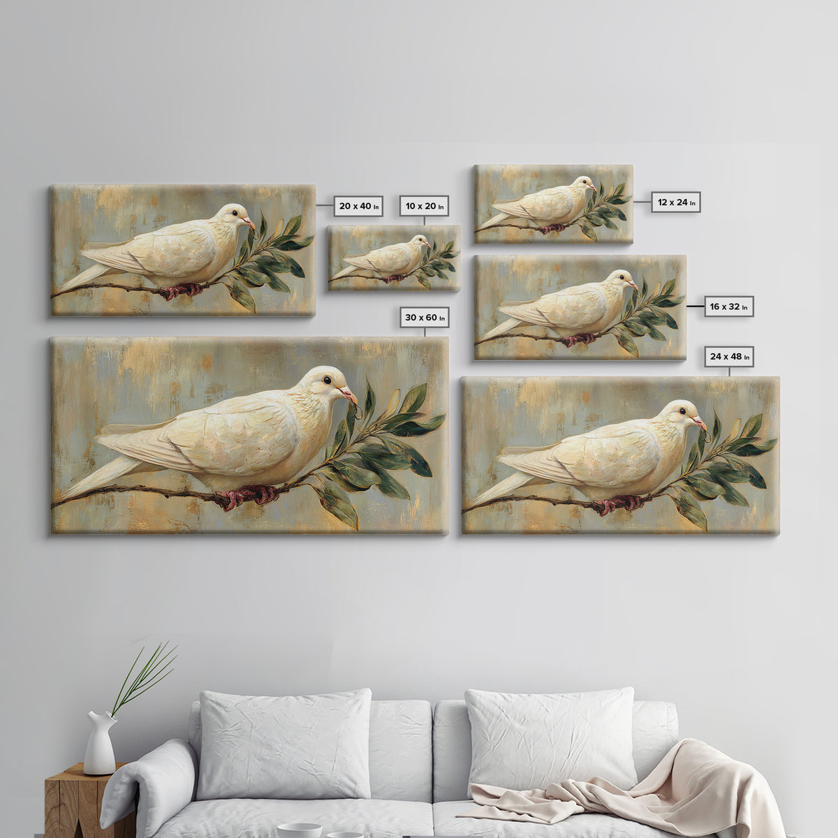 White Dove with Olive Branch and Calm Framed Canvas Print, Bird Art, Botanical Wall Art, Living Room Decor, Watercolor Art, BIR-2x1-84