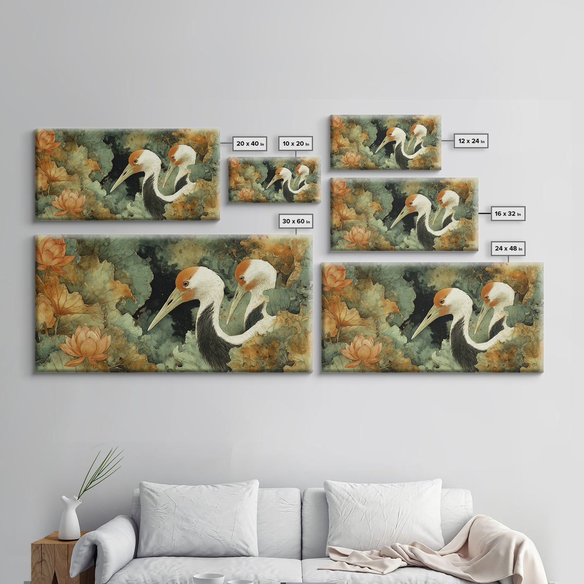 Crane and Lotus Composition Framed Canvas Print, Bird Art, Farmhouse Decor, Living Room Decor, Flight, Digital Download Art, BIR-2x1-85