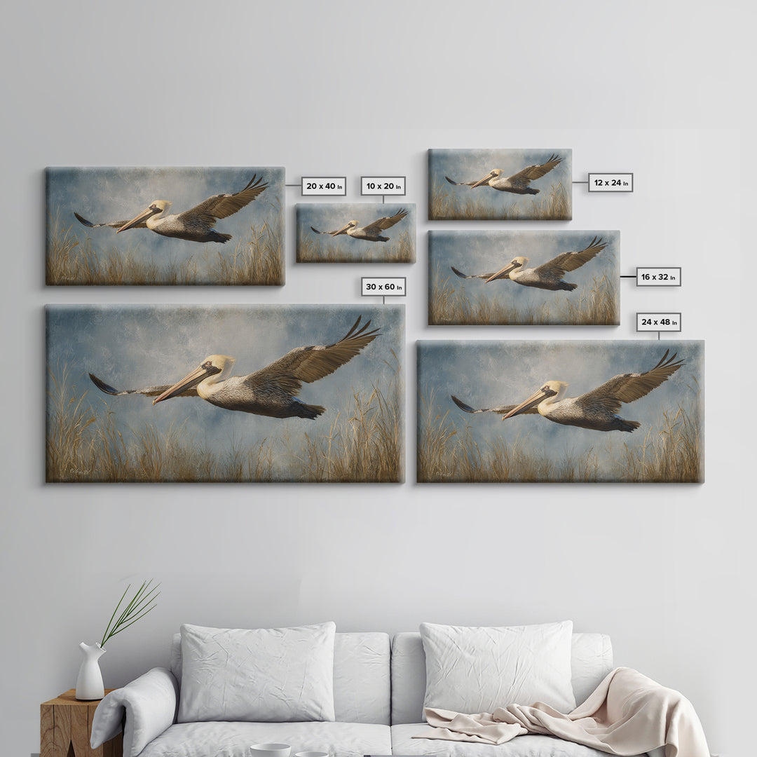 Pelican Flying over Coastal Waves Framed Canvas Print, Bird Art, Home Decor, Living Room Decor, Flight, Modern Wall Art, BIR-2x1-86