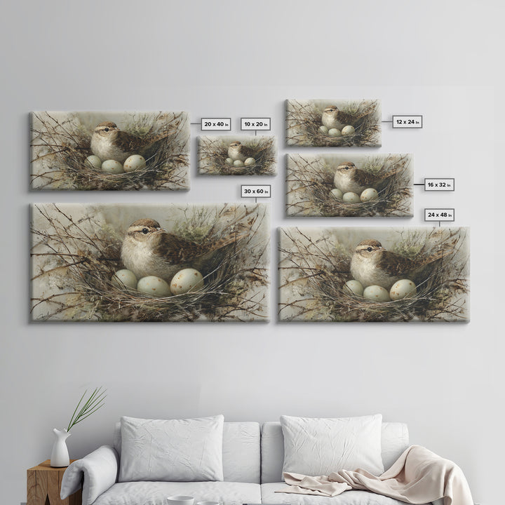 Bird Nest with Eggs and Delicate Twigs Framed Canvas Print, Bird Art, Wall Decor, Living Room Decor, Oil Painting, Flight, BIR-2x1-90