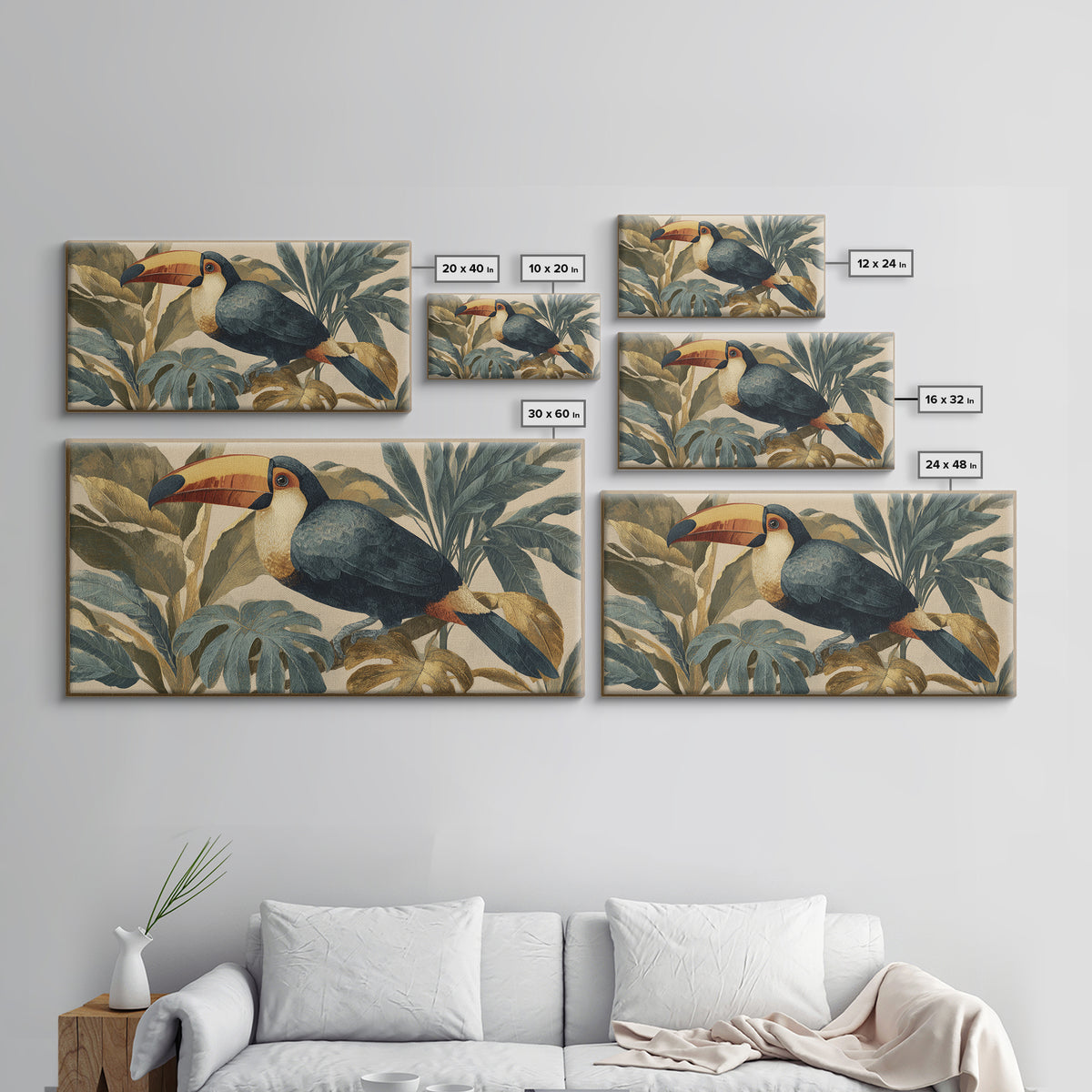 Toucan Framed by Bold Jungle Foliage Framed Canvas Print, Bird Art, Original Art, Living Room Decor, Fine Art, Flight, BIR-2x1-91