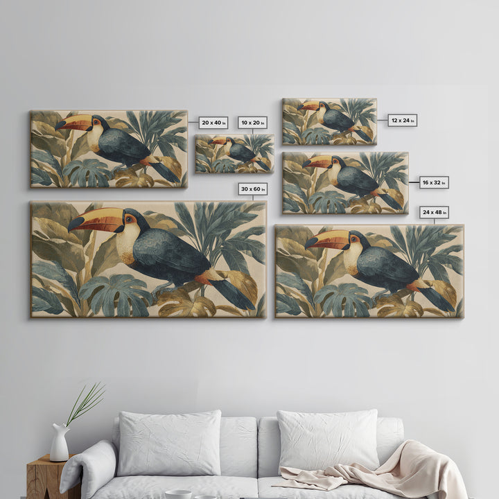 Toucan Framed by Bold Jungle Foliage Framed Canvas Print, Bird Art, Original Art, Living Room Decor, Fine Art, Flight, BIR-2x1-91