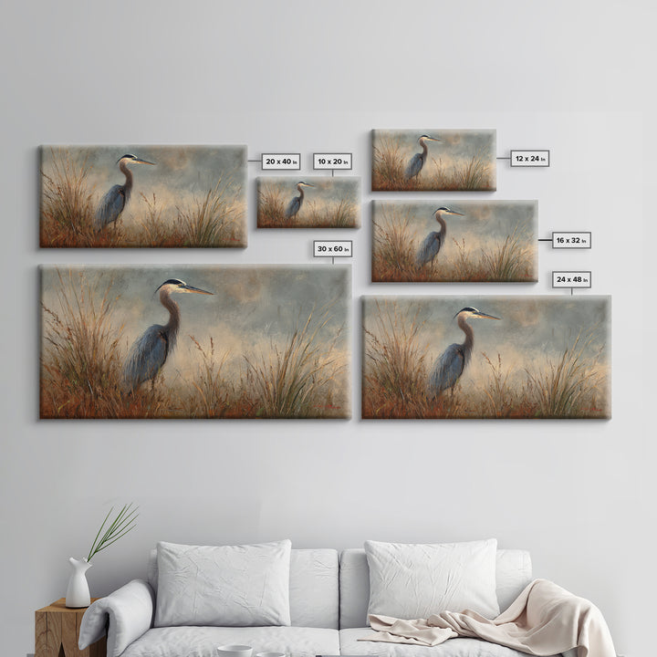Blue Heron in Misty Marsh Grass Canvas Print, Bird Art, Digital Prints, Living Room Decor, Fine Art, Flight, Modern Art, BIR-2x1-94
