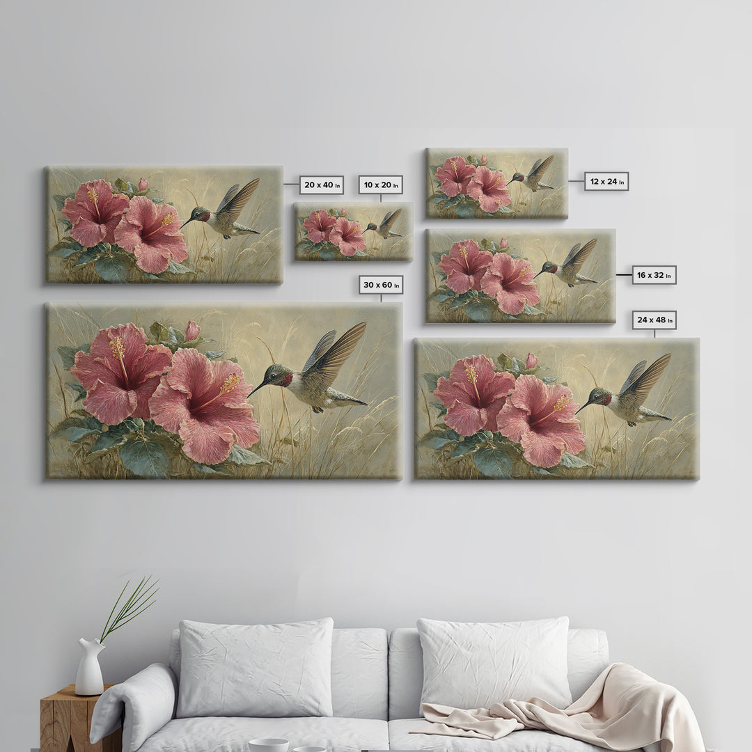 Hummingbird Hovering Beside Bright Hibiscus Framed Canvas Print, Bird Art, Bird Prints, Living Room Decor, Oil Painting, Flight, BIR-2x1-96