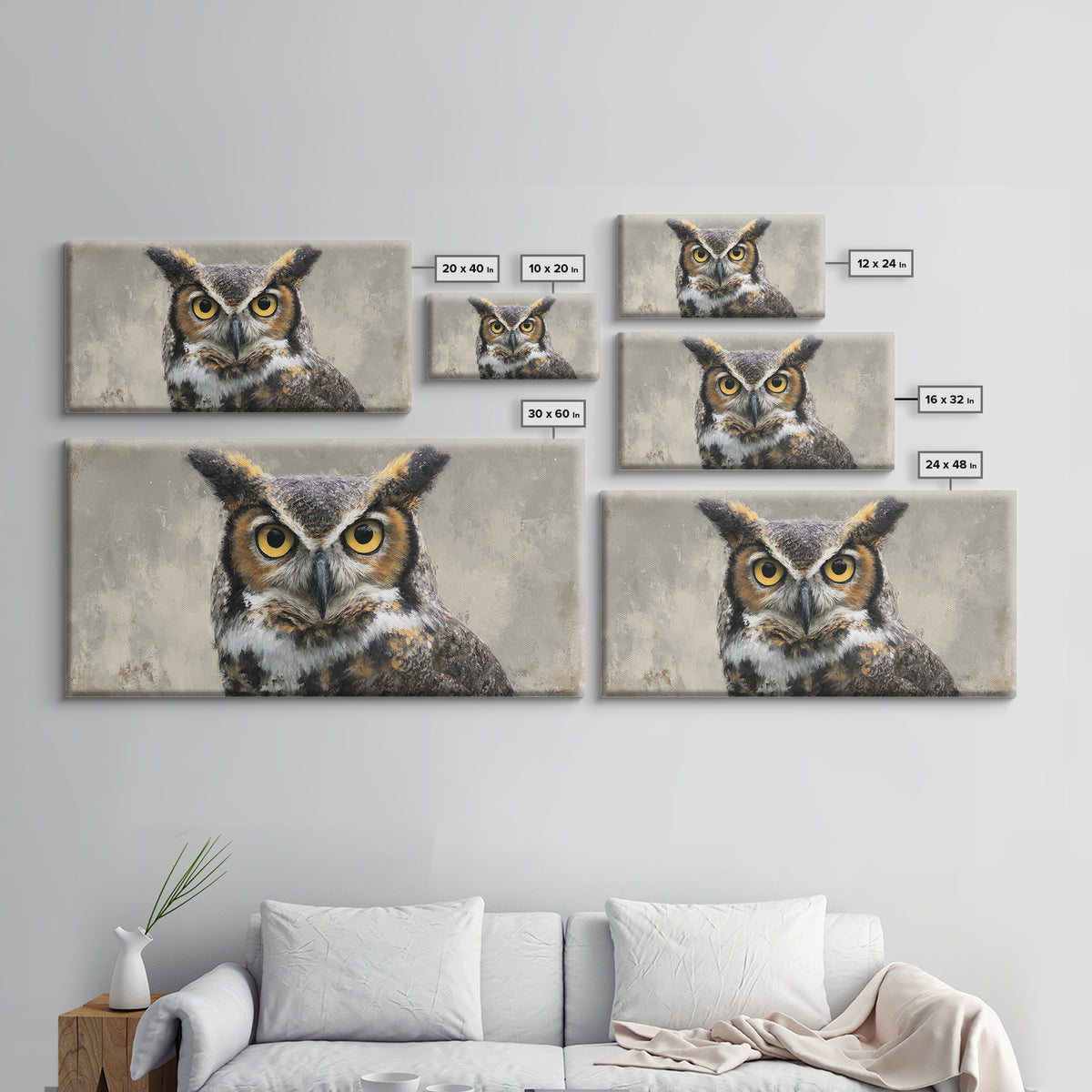 Owl Portrait with Wise Golden Eyes Framed Canvas Print, Bird Art, Japanese Wall Art, Living Room Decor, Oil Painting, Flight, BIR-2x1-97