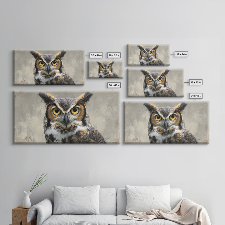 Owl Portrait with Wise Golden Eyes Framed Canvas Print, Bird Art, Japanese Wall Art, Living Room Decor, Oil Painting, Flight, BIR-2x1-97