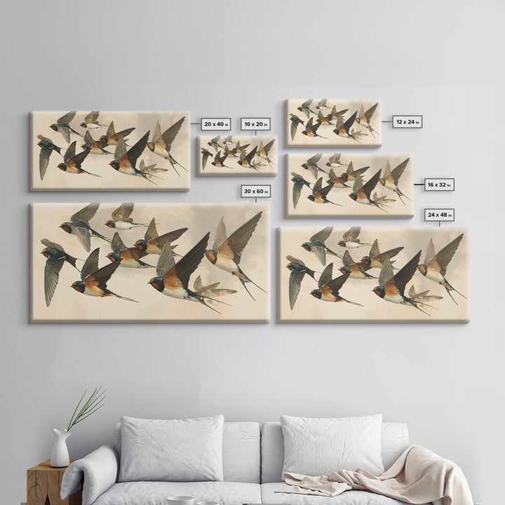 Flock of Swallows Sweeping Across Open Sky Canvas Print, Bird Art, Living Room Decor, Watercolor Art, Flight, BIR-2x1-98