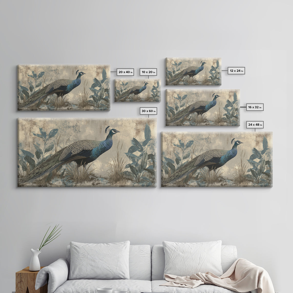 Peacock with Jewel Tone Feather Pattern Framed Canvas Print, Bird Art, Boho Wall Decor, Living Room Decor, Fine Art, Flight, BIR-2x1-99