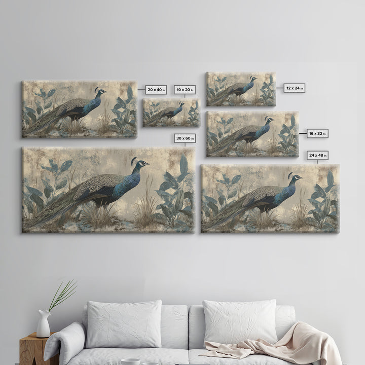 Peacock with Jewel Tone Feather Pattern Framed Canvas Print, Bird Art, Boho Wall Decor, Living Room Decor, Fine Art, Flight, BIR-2x1-99