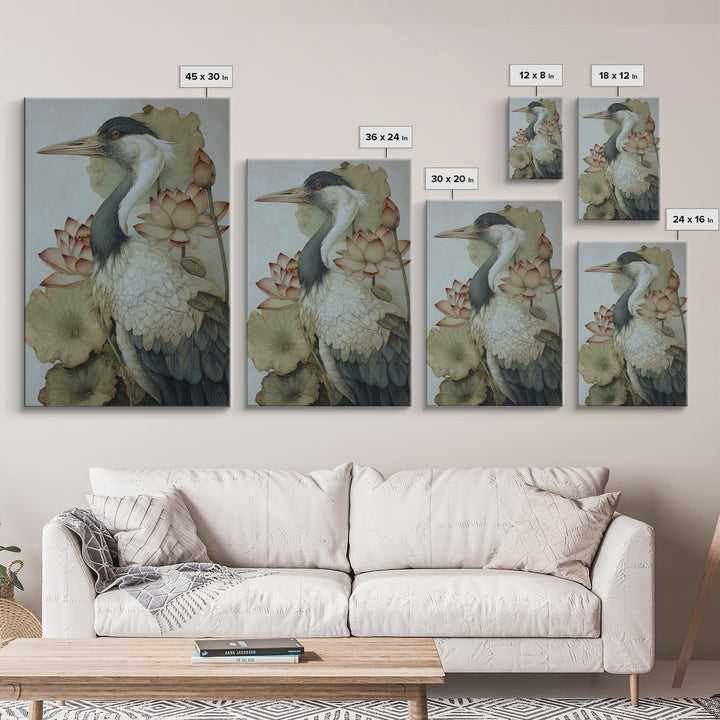 Crane and Lotus Composition Framed Canvas Print, Bird Art, Wall Art, Living Room Decor, Fine Art, Flight, Japanese Wall Art, BIR-2x3-1
