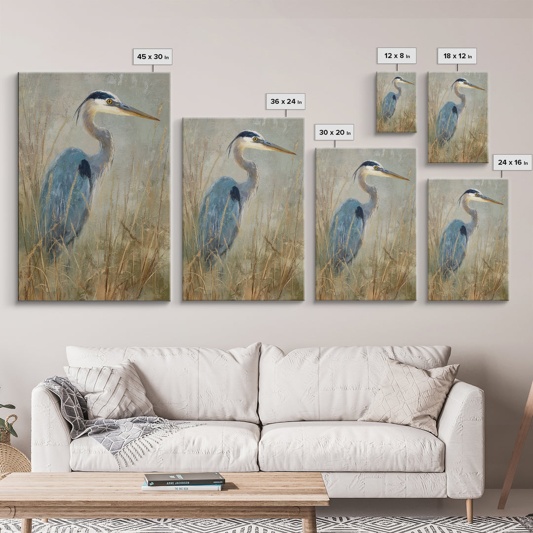 Blue Heron in Misty Marsh Grass Canvas Print, Bird Art, Luxury Decor, Living Room Decor, Flight, Art Deco, Original Art, BIR-2x3-10