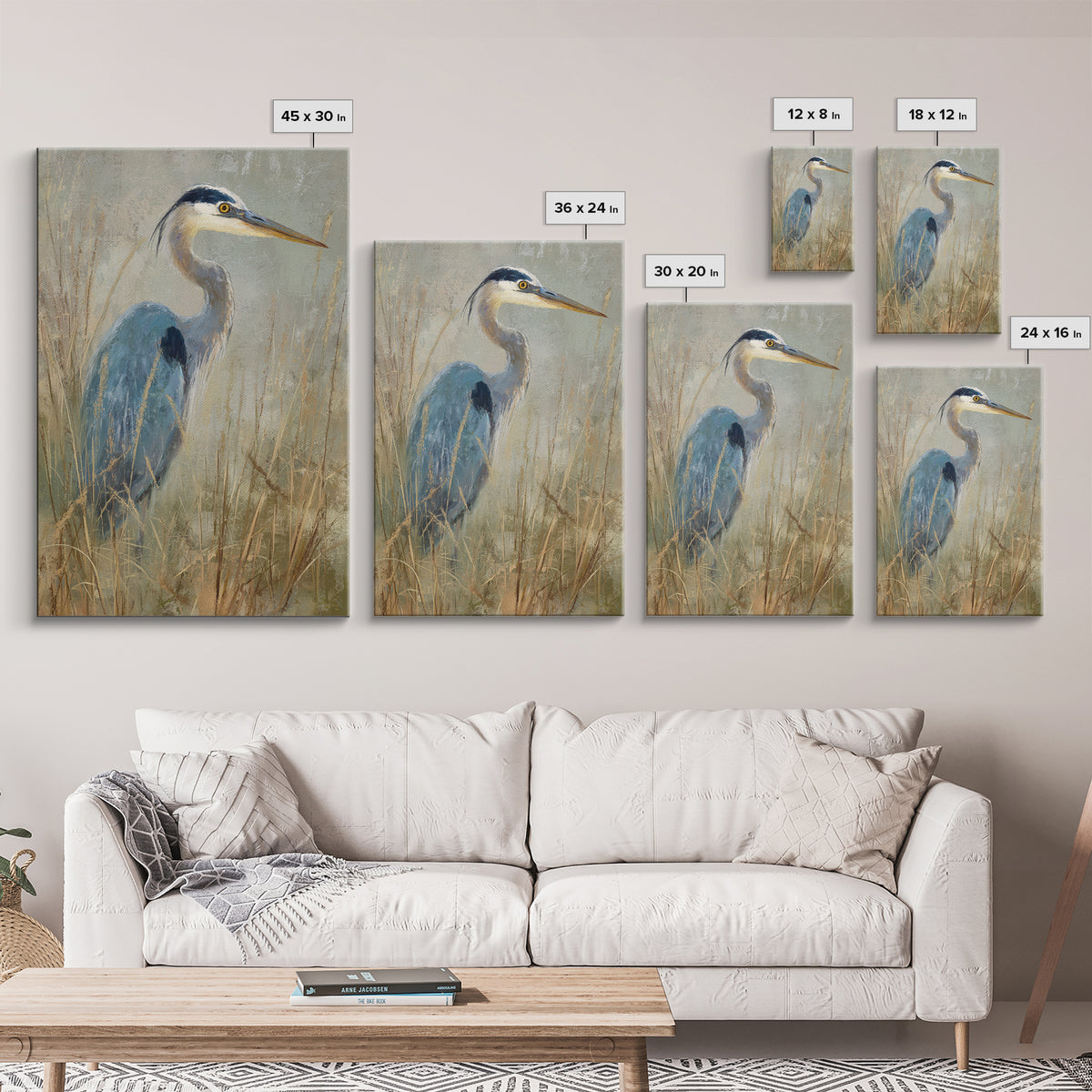Blue Heron in Misty Marsh Grass Canvas Print, Bird Art, Luxury Decor, Living Room Decor, Flight, Art Deco, Original Art, BIR-2x3-10