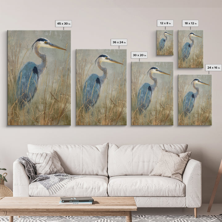 Blue Heron in Misty Marsh Grass Canvas Print, Bird Art, Luxury Decor, Living Room Decor, Flight, Art Deco, Original Art, BIR-2x3-10