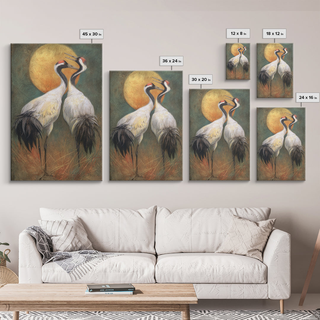 Pair of Cranes Dancing Canvas Print, Bird Art, Forest Wall Art, Living Room Decor, Abstract Art, Flight, Minimalist Decor, BIR-2x3-11