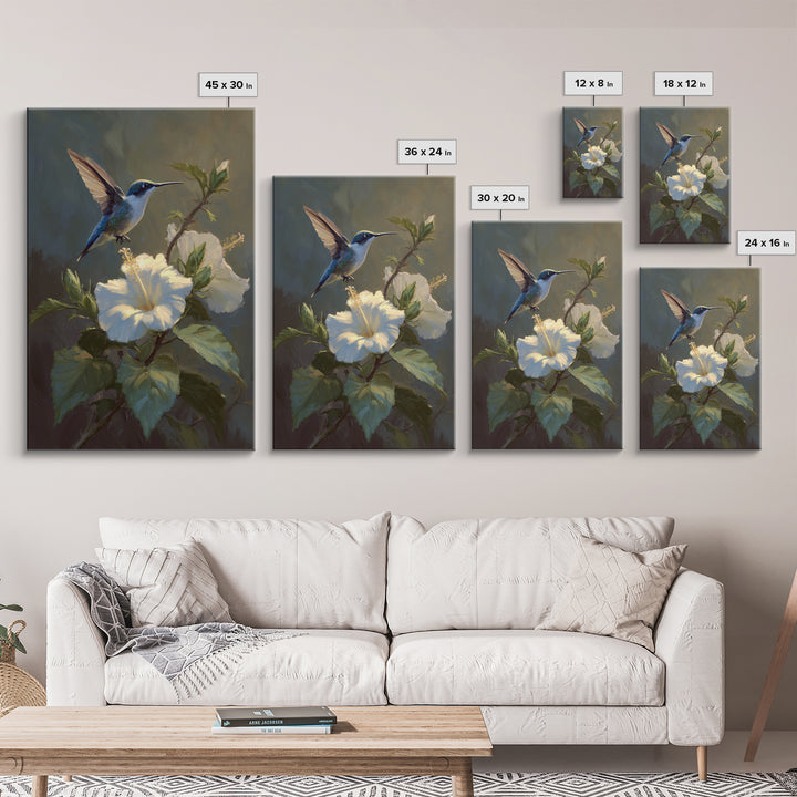 Hummingbird Hovering Beside Bright Hibiscus Framed Canvas Print, Bird Art, Minimalist Decor, Living Room Decor, Oil Painting, BIR-2x3-12