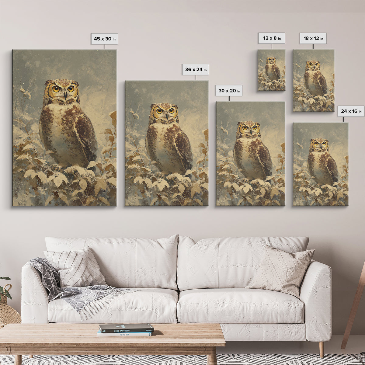 Owl Portrait with Wise Golden Eyes Framed Canvas Print, Bird Art, Digital Prints, Living Room Decor, Fine Art, Flight, BIR-2x3-13