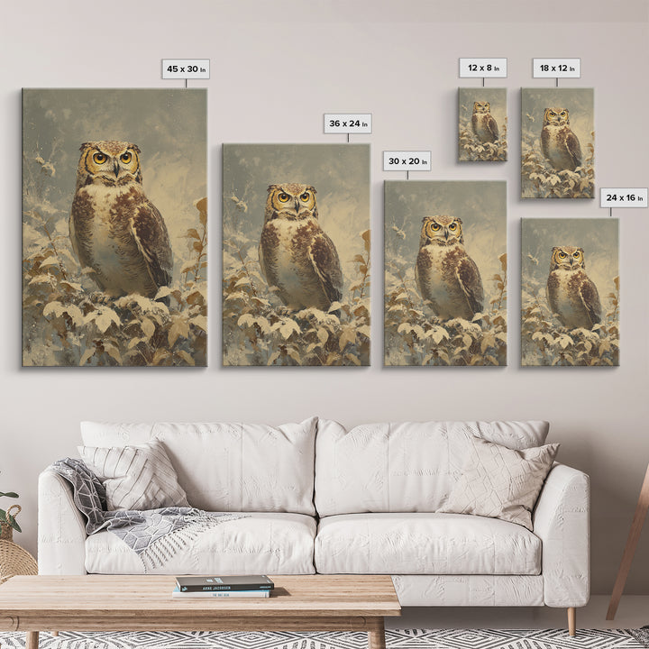 Owl Portrait with Wise Golden Eyes Framed Canvas Print, Bird Art, Digital Prints, Living Room Decor, Fine Art, Flight, BIR-2x3-13