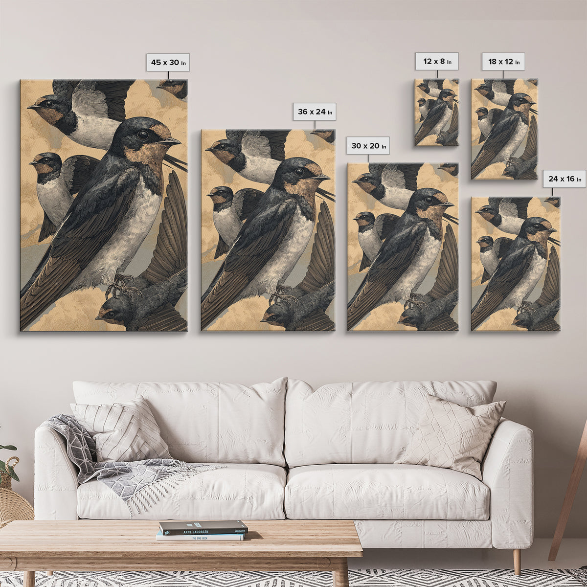 Flock of Swallows Sweeping Across Open Sky Canvas Print, Bird Art, Art Print, Living Room Decor, Oil Painting, Flight, BIR-2x3-14