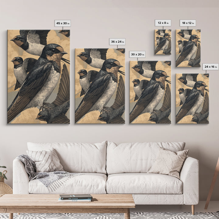 Flock of Swallows Sweeping Across Open Sky Canvas Print, Bird Art, Art Print, Living Room Decor, Oil Painting, Flight, BIR-2x3-14