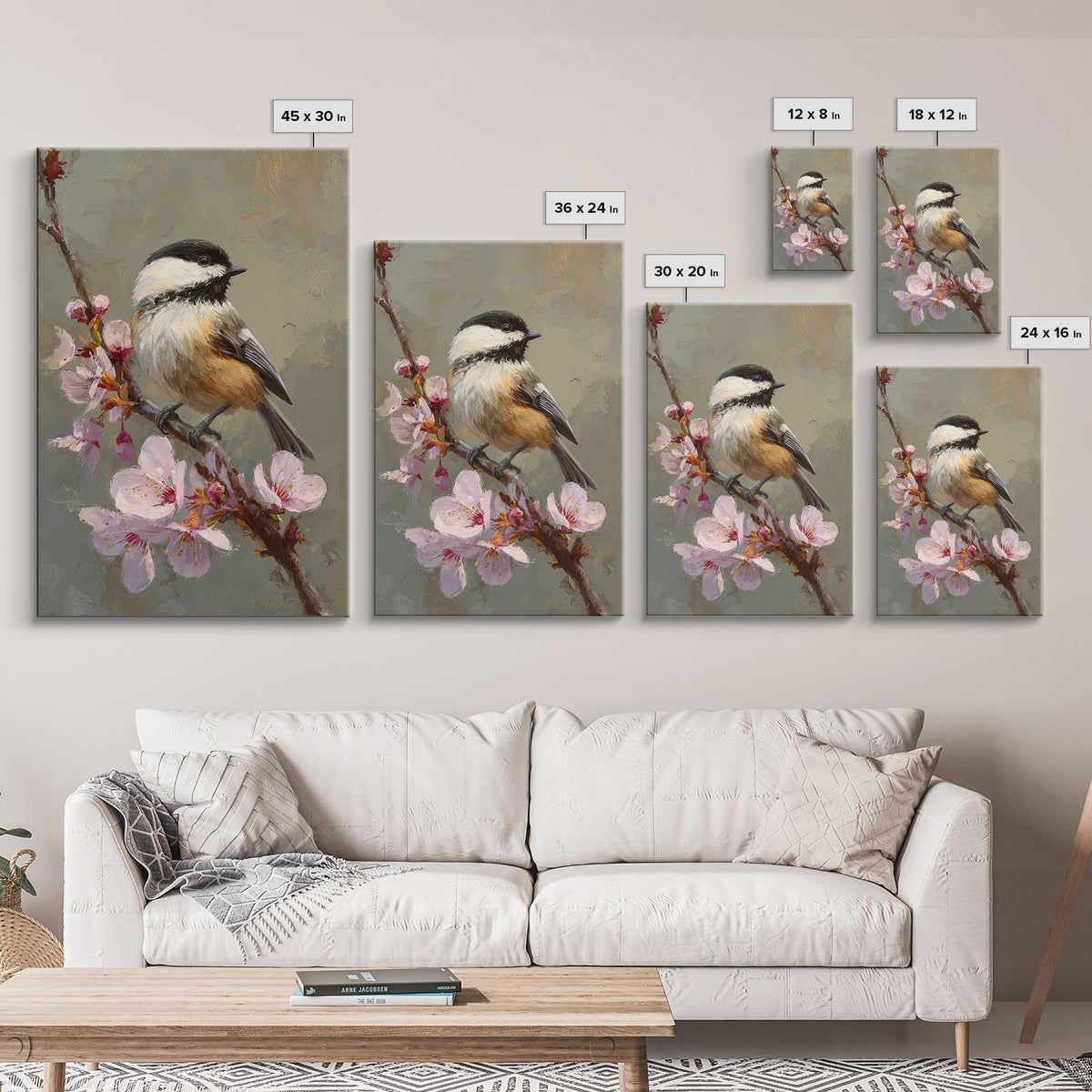 Songbird Perched on Cherry Blossoms Canvas Print, Bird Art, Digital Download Art, Living Room Decor, Fine Art, Flight, BIR-2x3-16