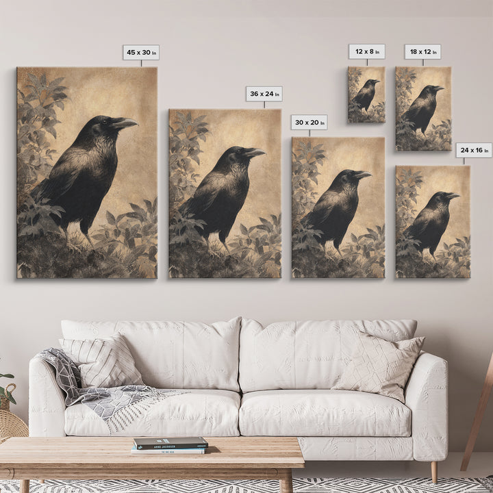Raven Silhouette with Gothic Atmosphere Framed Canvas Print, Bird Art, Living Room Decor, Abstract Art, Flight, BIR-2x3-17
