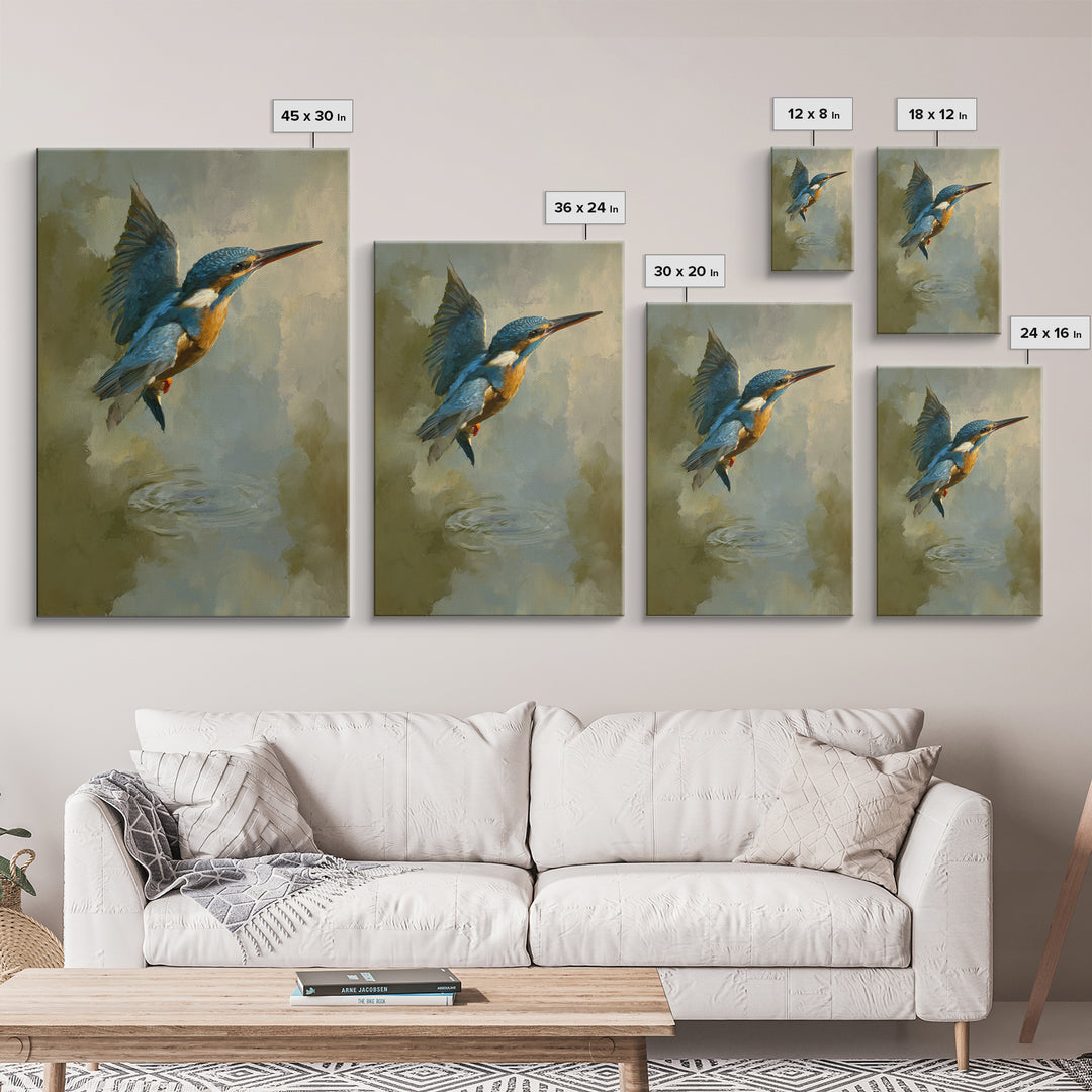 Kingfisher Diving Toward Blue Water Framed Canvas Print, Bird Art, Neutral Decor, Living Room Decor, Fine Art, Flight, BIR-2x3-19