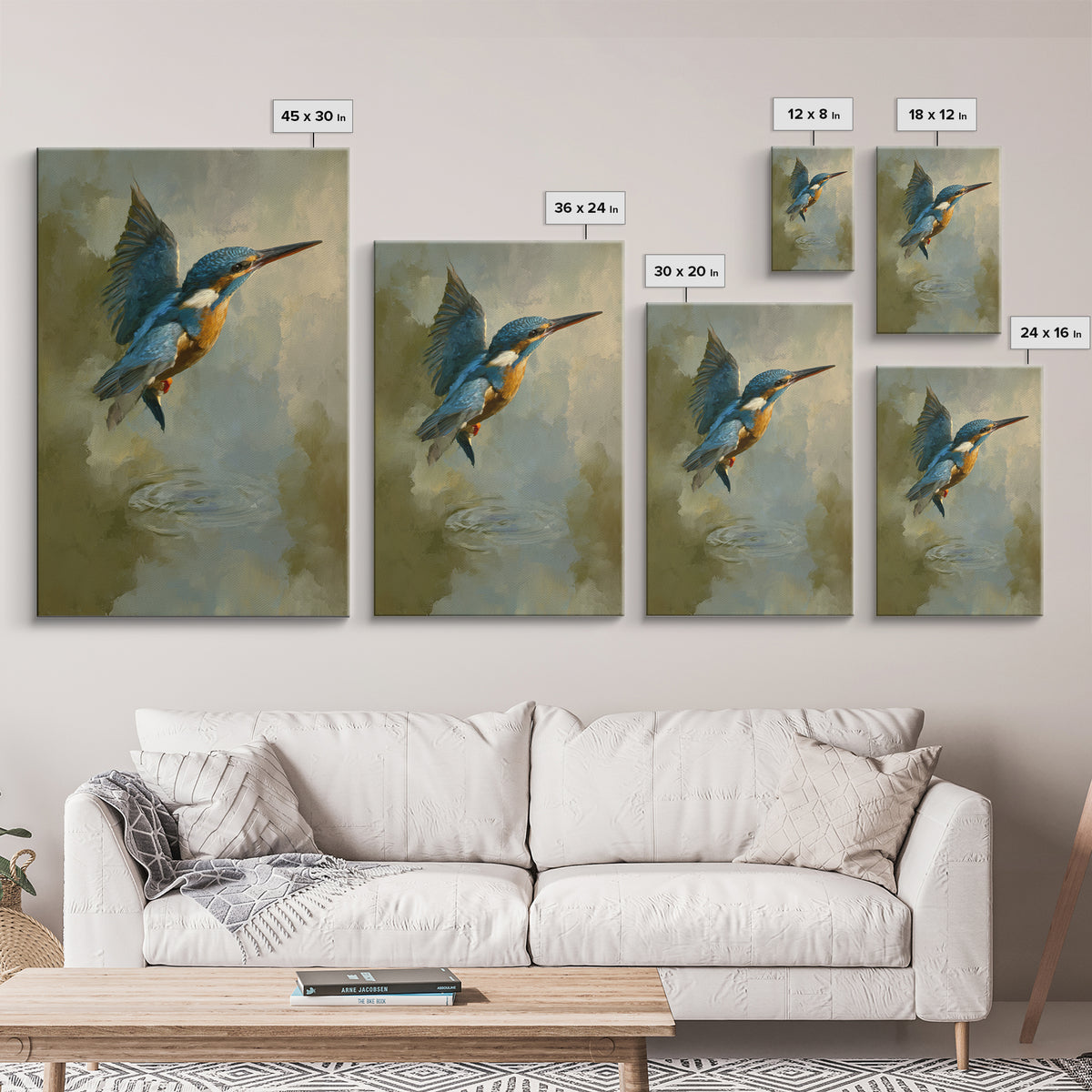 Kingfisher Diving Toward Blue Water Framed Canvas Print, Bird Art, Neutral Decor, Living Room Decor, Fine Art, Flight, BIR-2x3-19