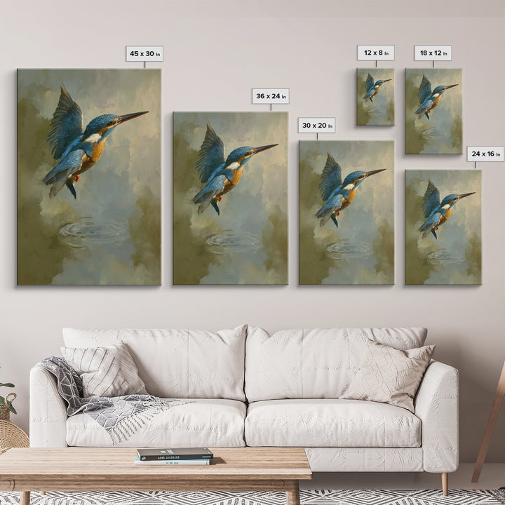 Kingfisher Diving Toward Blue Water Framed Canvas Print, Bird Art, Neutral Decor, Living Room Decor, Fine Art, Flight, BIR-2x3-19